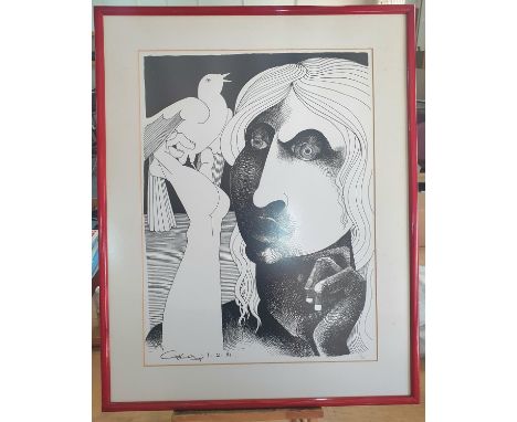 Geoffrey Key (Born 1941) screen-print "Girl with Dove", limited edition 56/100, signed to plated, framed and glazed, From 'Da