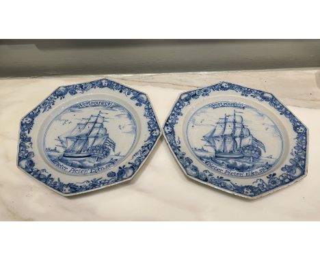 A pair of Liverpool Delftware octagonal ship plates. Dated 1761.Â&nbsp;Painted in blue with a three-masted Dutch vessel. Insc