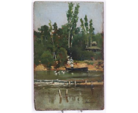 MarianoÂ&nbsp;Barbasan (1864 - 1924) A pair of scenic panels, each depicting the River Seine (?) Oil on panel Each signed low
