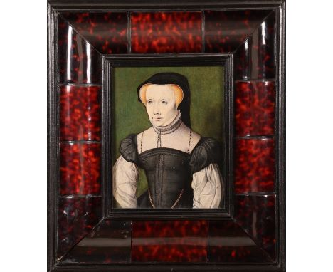 Flemish School c.1550 Portrait of an Auburn Haired Lady in Mourning Dress Oil on bevelled panel On reverse '74' in paint and 