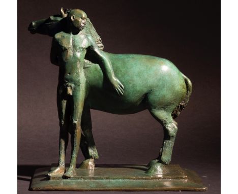 David Backhouse (1941).Â&nbsp; Man With Horse. Edition 5/7. Bronze with verde green patina. Signed and foundry mark on plinth