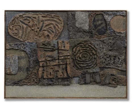 Jyoti Bhatt (B.1934)Seaview Scenery signed 'Jyoti Bhatt 63' in Gujrati lower leftoil, cement and iron on jute, framed49.6 x 7