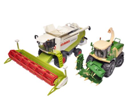 Siku 1/32 farm model duo comprising Claas Lexion 600 combine harvester plus Krone Big X 580 Forage Harvester. Both displayed 