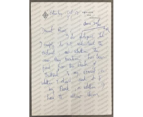 Daphne du Maurier: (1907 - 1989) British Author, A.L.S. 'Bing', Kilmarth par Cornwall, one page letter, to Monty Baker-Munton