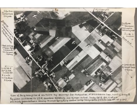 A black and white military photographic print of some of the 29 Horsa gliders of Lieutenant General Frederick "Boy" Browning'