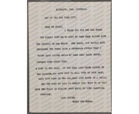 "Bare your teeth in a smile...", Daphne du Maurier: (1907 - 1989) British Author, typescript letter, Kilmarth Par Cornwall, 1