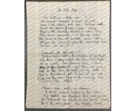 Daphne du Maurier: (1907 - 1989) British Author, autograph manuscript, 'The Old Ship', handwritten in black fountain pen, sig