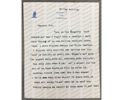 Daphne du Maurier: (1907 - 1989) British Author, T.L.S. 'Daphne', Menabilly par Cornwall, two page letter, to Maud Waddell ('