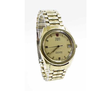 Omega Seamaster Electronic f300Hz Chronometer gold plated gentleman's bracelet watch, the gilt dial with baton markers, centr