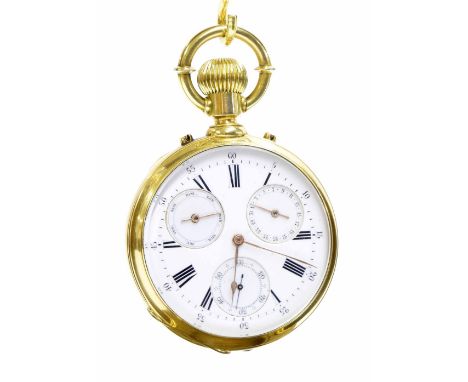 Good Swiss 18k triple dial calendar pocket watch, frosted jewel bar movement with regulator, no. 1173, the cuvette inscribed 