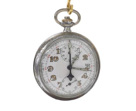 Rare German Kriegsmarine push button chronograph pocket watch, unsigned movement, the dial with Arabic numerals, red twenty-f