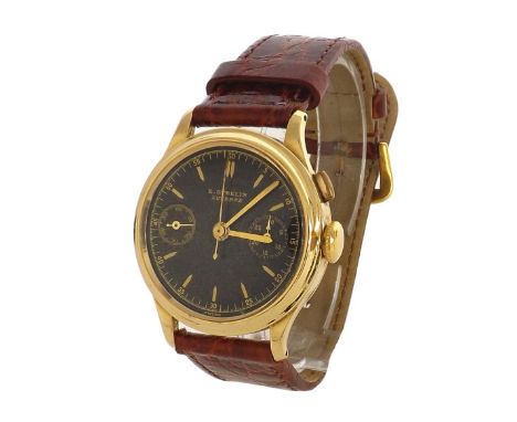 E. Gubelin 18ct single button chronograph gentleman's wristwatch, the black dial with baton markers, chronograph centre secon