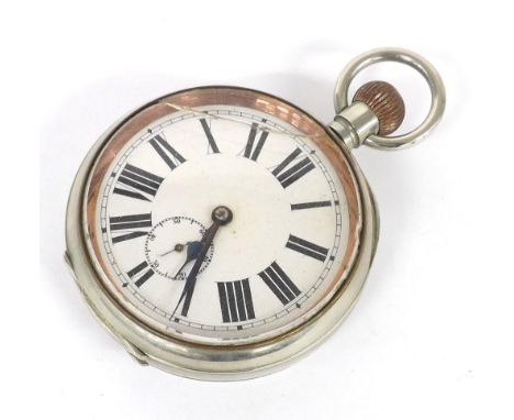 Goliath nickel cased lever pocket watch, gilded bar movement with glazed cuvette, 69mm (glass cracked)