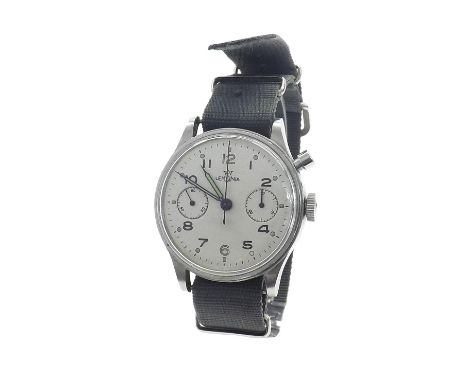 Lemania single button chronograph stainless steel gentleman's wristwatch, circular silvered dial with Arabic numerals, lumino