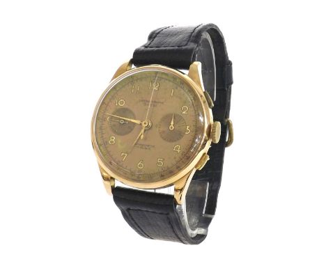 Suisse chronograph 18k gentleman's wristwatch, the gilded dial with centre seconds, Arabic numerals and twin subsidiary dials