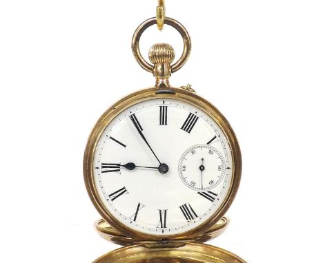 Continental 14k lever hunter pocket watch, unsigned frosted bar movement with compensated balance and regulator, the dial wit