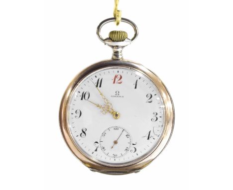 Omega silver (0.800) lever pocket watch, the signed frosted movement with compensated balance and regulator, signed dial with