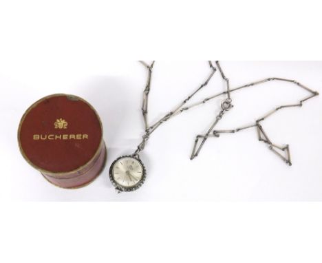 Bucherer marcasite set pendant watch on a link chain, signed dial with baton markers, signed 17 jewel movement, exhibition ca