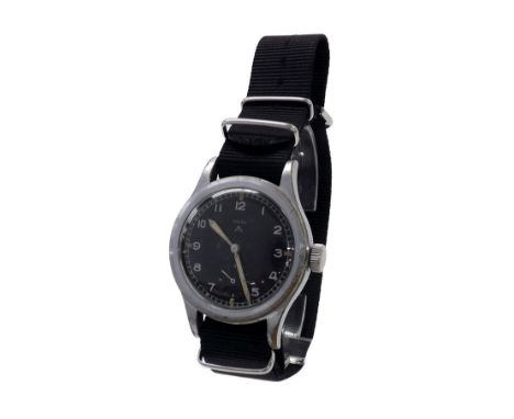 Record British Military issue stainless steel gentleman's wristwatch, circular black dial with Arabic numerals, dot and baton