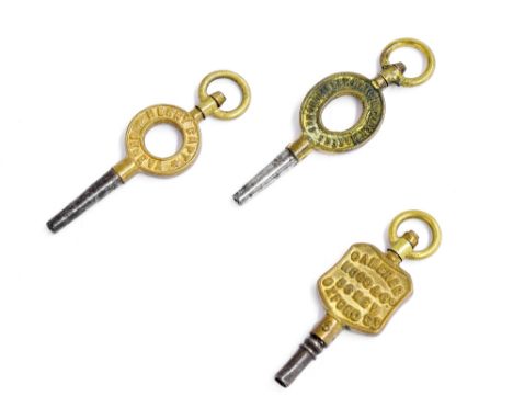 Three trade pocket watch keys to include Parkinson & Frodsham, Camera Cuss and Henry Capt (3)