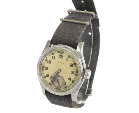 Cyma WWII British Military Army issue mid-size stainless steel gentleman's wristwatch, signed cream dial with dot hour marker