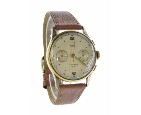 Delbana chronograph gold plated and stainless steel gentleman's wristwatch, the silvered dial with Arabic twelve and six, dot