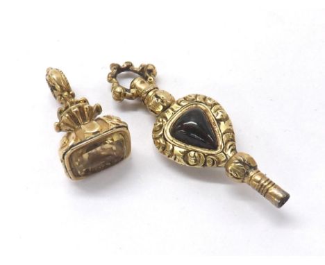 Attractive 19th century gold stone set pocket watch key 33mm; together with a small intaglio fob (2)