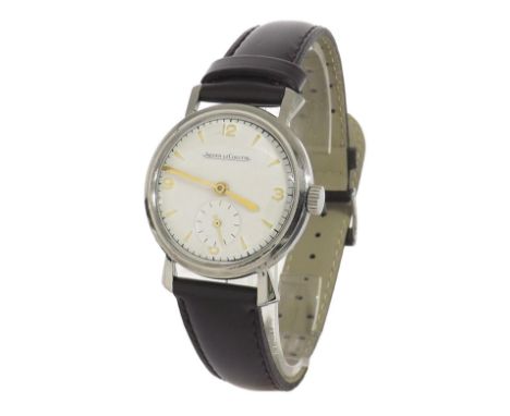 Jaeger LeCoultre mid-size stainless steel gentleman's wristwatch, case no. 514779, circular silvered dial with gilt quarter A