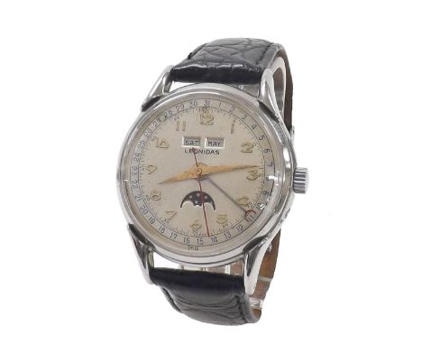 Leonidas Triple Date Calendar stainless steel gentleman's wristwatch, circular silvered dial with Arabic numerals, outer minu