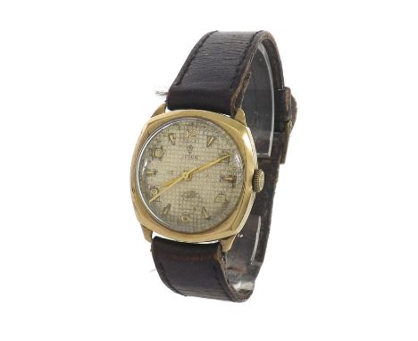 Tudor 9ct cushion cased gentleman's wristwatch, Birmingham 1953, silvered honeycomb dial with applied markers and centre seco