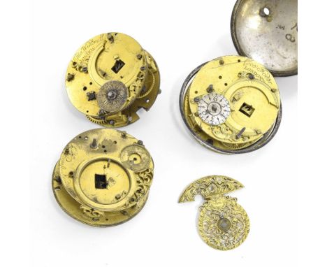 Three early 18th century pocket watch movements signed Thos Windmills, Geo Foder and Wm Prevost; also a balance cock (4)