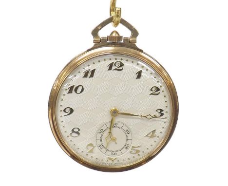 Art Deco Swiss 9ct lever dress pocket watch, import hallmarks London 1929, the dial with gilt Arabic numerals and minute mark