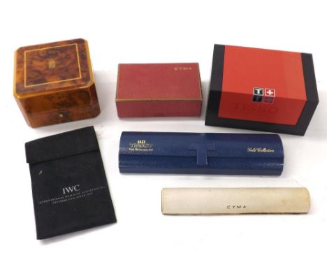 Tissot watch box with Tissot booklets; together with a further Tissot 'Gold Collection' watch box, Cyma watch box, Cyma outer