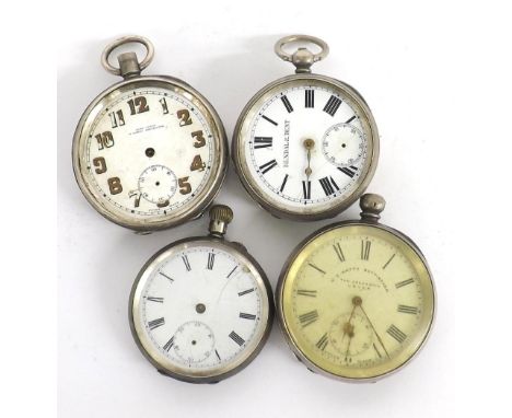 Silver cylinder pocket watch in need of attention; together with three silver pocket watches in need of repair (4) 