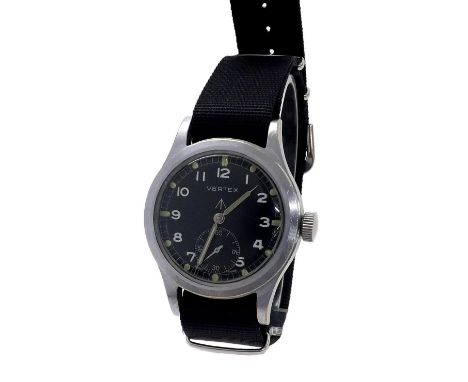 Vertex British Military issue stainless steel gentleman's wristwatch, signed circular black dial with Military arrow, Arabic 
