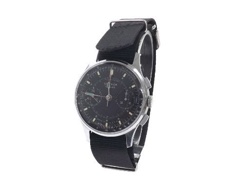 Sekonda chronograph stainless steel gentleman's wristwatch, the circular black dial with baton and dot markers, subsidiary mi