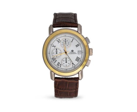 A GENT'S KINGS QUARTZ CHRONOGRAPH MULTI DIAL WRISTWATCH, date, white face &amp; Roman numerals, brown leather strap, case six