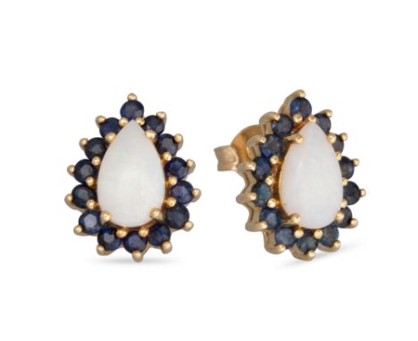 A PAIR OF OPAL AND SAPPHIRE CLUSTER EARRINGS, the pear shaped opal cabochons to sapphire surrounds, mounted in 9ct gold