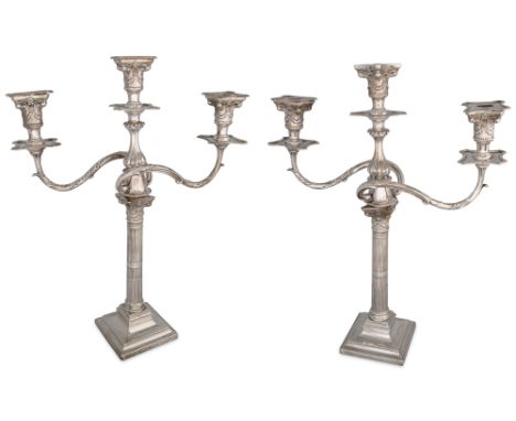 A FINE PAIR OF ANTIQUATED EDWARDIAN CANDELABRA, Sheffield 1901, 19 " high