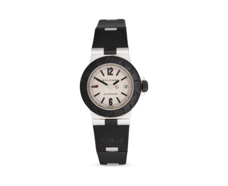 A LADY'S BULGARI ALUMINIUM TWO TONE WRISTWATCH, silvered face with Arabic &amp; baton markers, date, black Bulgari PVC strap,