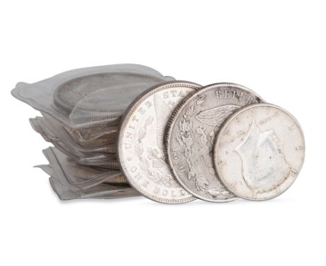 10 X 1880-1921 AMERICAN $1 MORGAN SILVER DOLLAR COINS, together with a 1870 Mexican 1 peso, a 1964 Kennedy 1/2$ VF-EF (12) 30