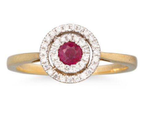 A RUBY AND DIAMOND TARGET RING, engraved on inside of band D: 0.16 ct, mounted in 9ct gold, size M-N