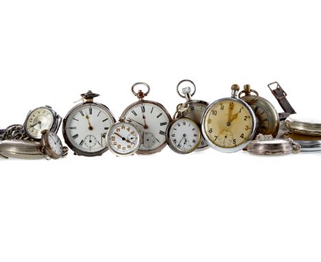 COLLECTION OF SILVER AND OTHER POCKET WATCHES, including five wrist watches and a silver Albert chain, 60.7g