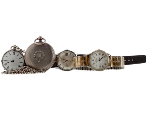 SILVER FULL HUNTER KEY WIND POCKET WATCH, the round white dial with Roman hour markers, outer seconds track in black, 50mm ca