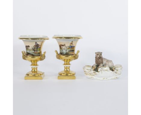 Collection of porcelain consisting of a pair of Médici vases in the style of Louis Philippe with a decoration of rural scenes