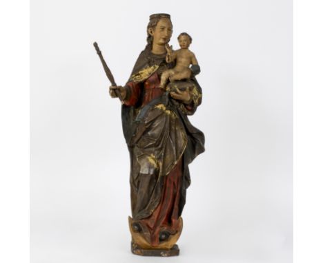 Wooden statue of Madonna and child, 19th century after 17th century example, beautiful appearance and well-preserved polychro
