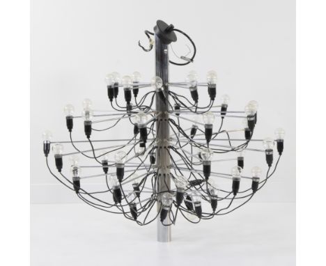 Flos pendant lamp model from the 2097 series, designed by Gino Sarfatti in 1958, chrome structure, arms with typical loose bl