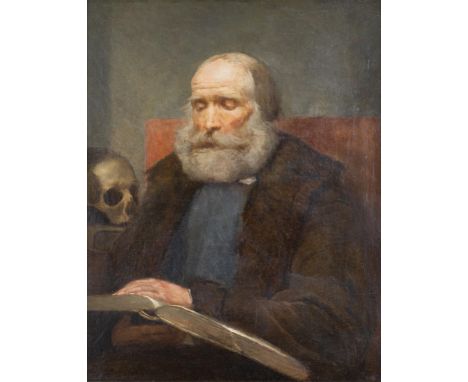 Vanitas. 19th century oil on canvas ’Scholar with skull’Vanitasportret uit de 19e eeuw. Olie op doek ‘Geleerde met schedel’60