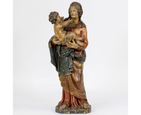 Wooden statue of Madonna and Christ Child with original polychromy, Southern European, 18th centuryHouten beeld van Madonna e