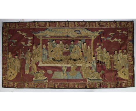Large 19century Chinese gold thread on slik embroidery depicting an imperial court scène, the emperor and empress surrounded 